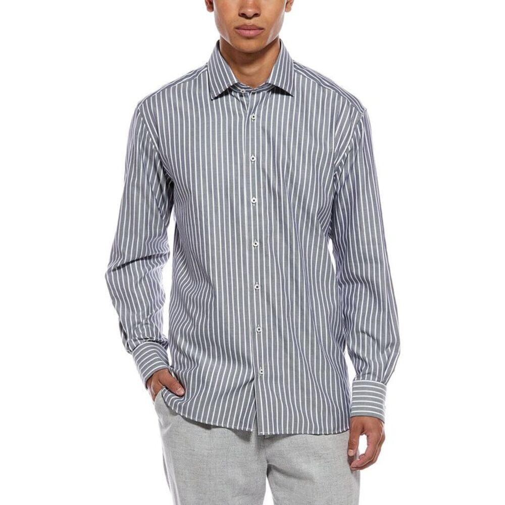 Eterna Mens  Herringbone Modern Fit Stripe Kent Collar Shirt, Gray